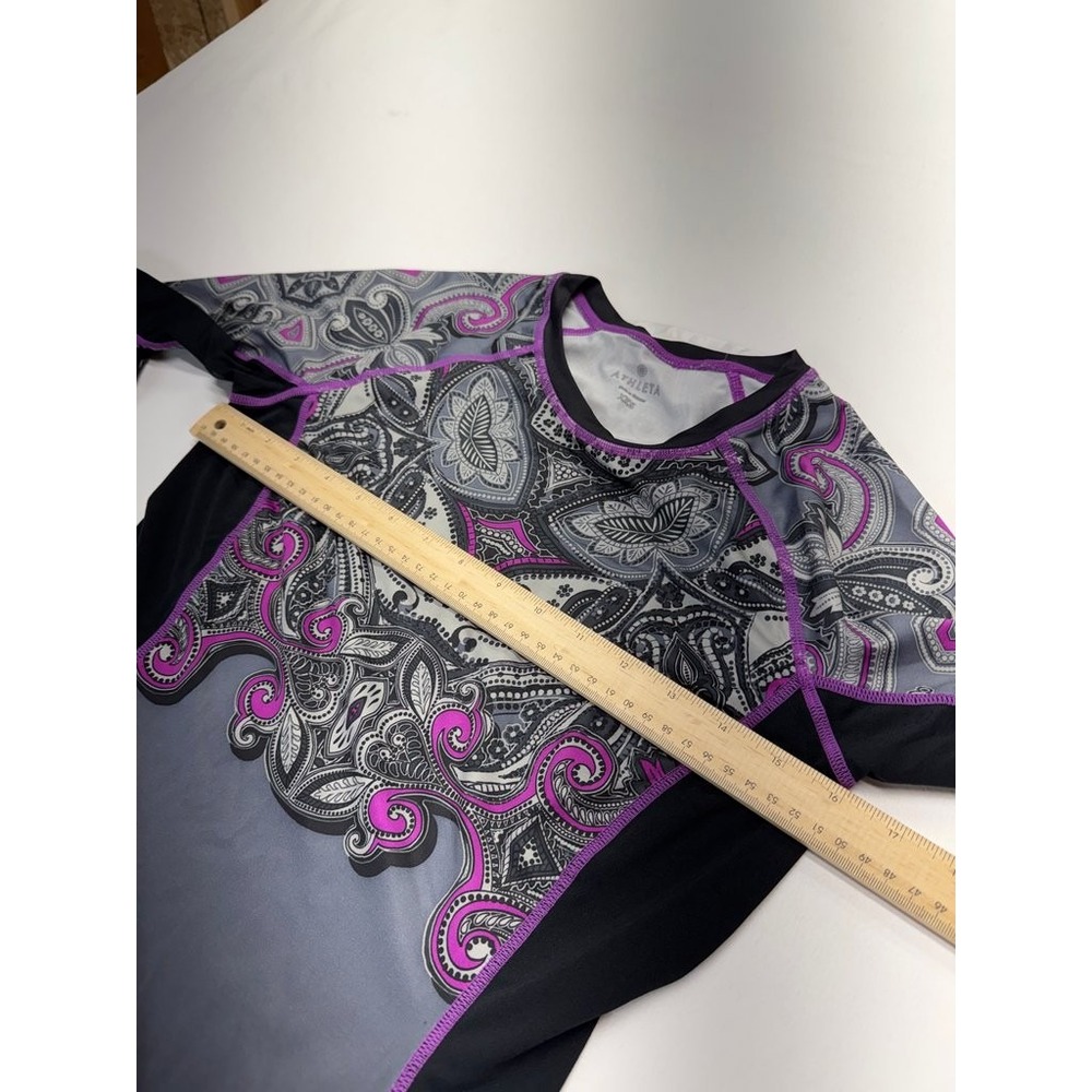 Athleta Womens XXS Paisley Performance Long Sleeve Top Black Purple Thumbholes
